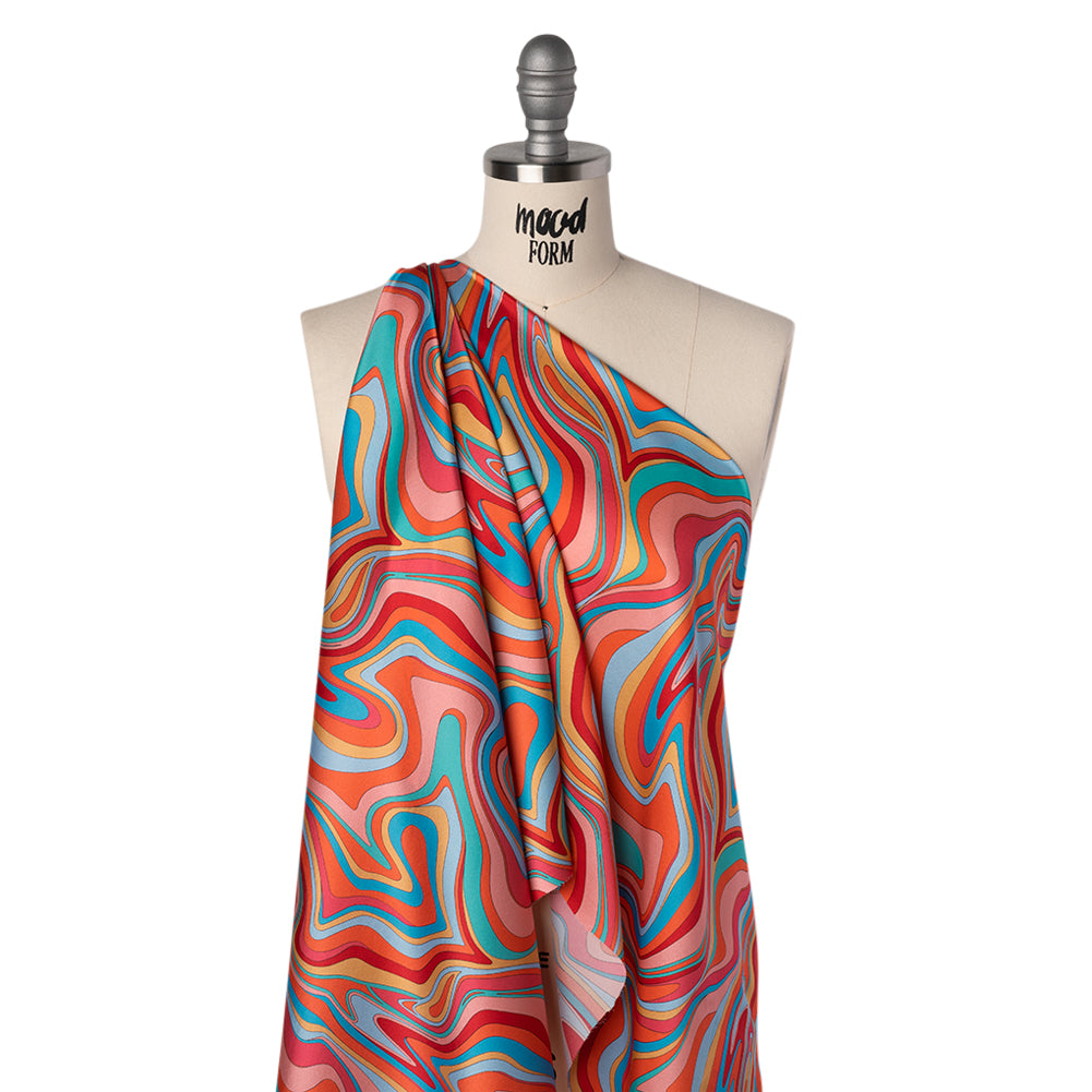 Silk Charmeuse Print 16MM, Made in Italy - Orange, Red and Blue Retro Swirls Folded