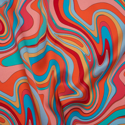 Silk Charmeuse Print 16MM, Made in Italy - Orange, Red and Blue Retro Swirls Drape