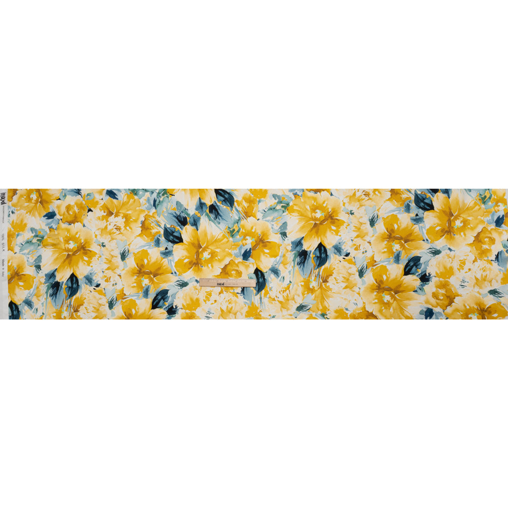 Silk Charmeuse Print 16MM, Made in Italy - Yellow and Dark Teal Watercolor Flower Garden