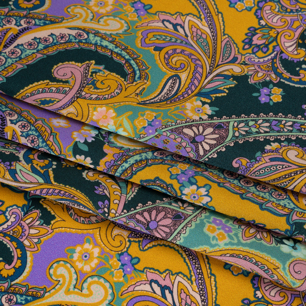 Silk Charmeuse Print 16MM, Made in Italy - Marigold Yellow, Light Purple and Mint Green Fancy Paisley