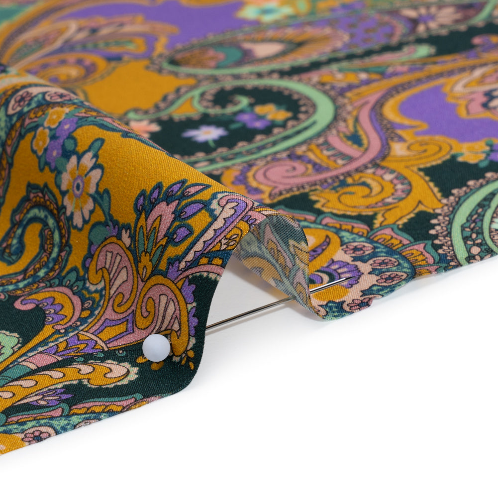 Silk Charmeuse Print 16MM, Made in Italy - Marigold Yellow, Light Purple and Mint Green Fancy Paisley