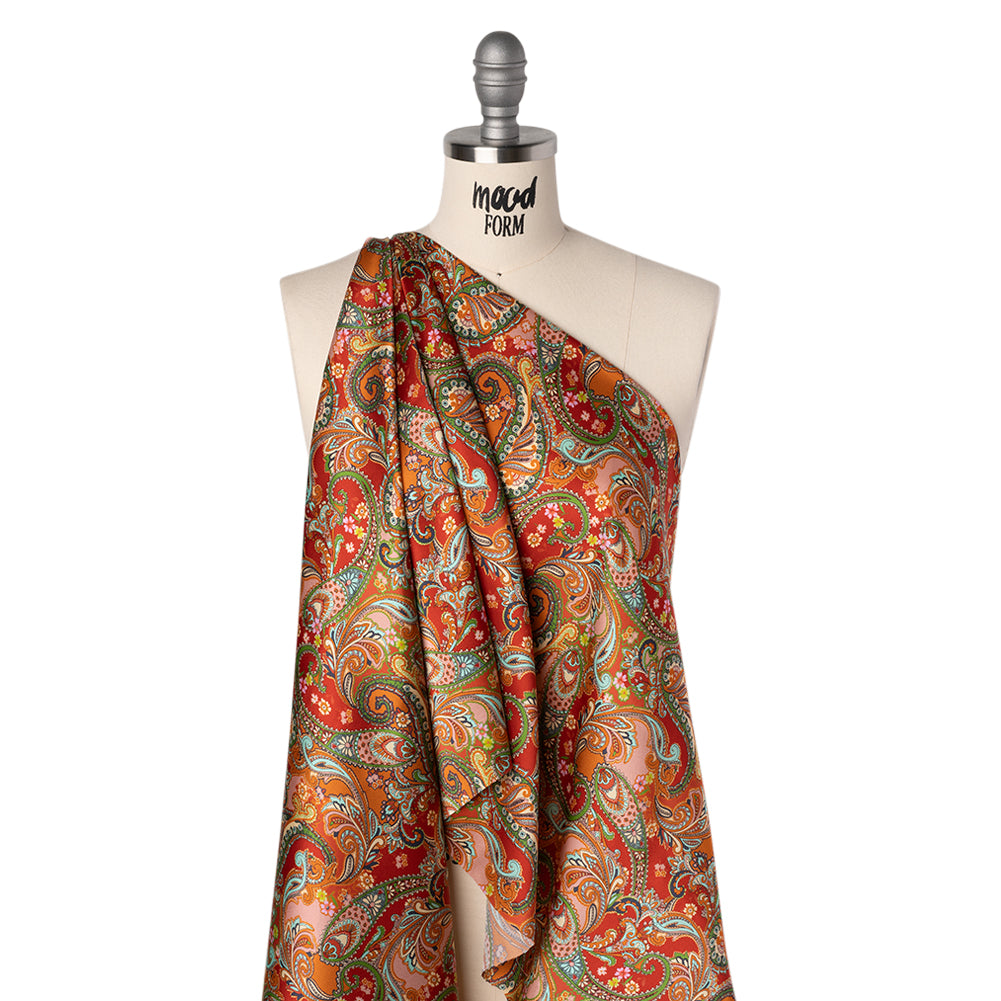 Silk Charmeuse Print 16MM, Made in Italy - Red, Orange and Green Fancy Paisley