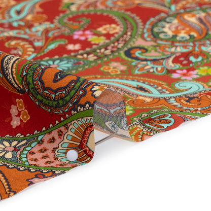 Silk Charmeuse Print 16MM, Made in Italy - Red, Orange and Green Fancy Paisley