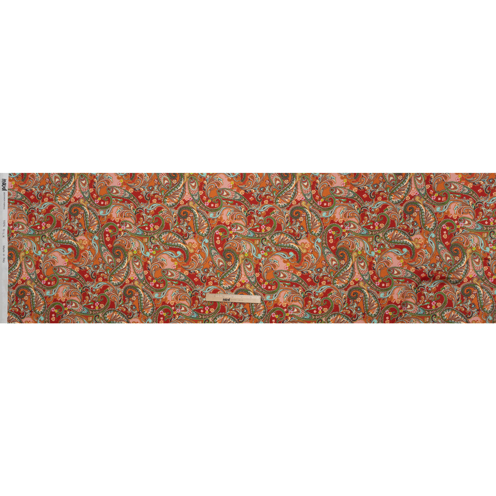 Silk Charmeuse Print 16MM, Made in Italy - Red, Orange and Green Fancy Paisley