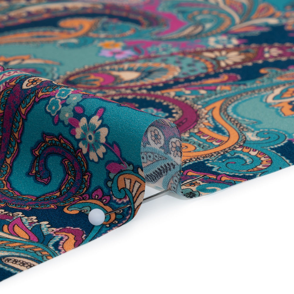 Silk Charmeuse Print 16MM, Made in Italy - Dark Turquoise, Blue and Berry Pink Fancy Paisley
