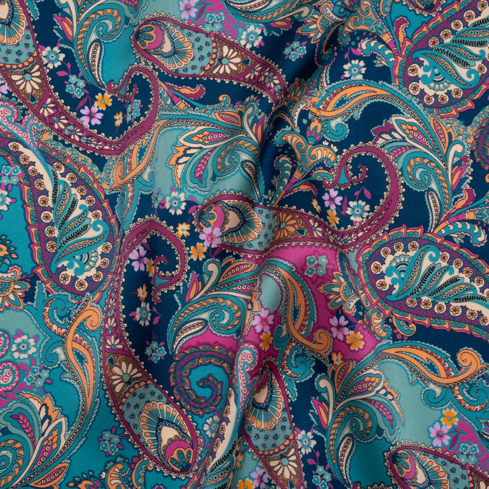 Silk Charmeuse Print 16MM, Made in Italy - Dark Turquoise, Blue and Berry Pink Fancy Paisley