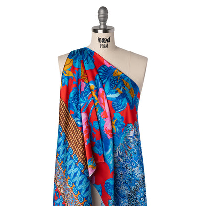 Silk Charmeuse Print 16MM, Made in Italy - Red, Blue and Gold Floral and Abstract Stripes Folded