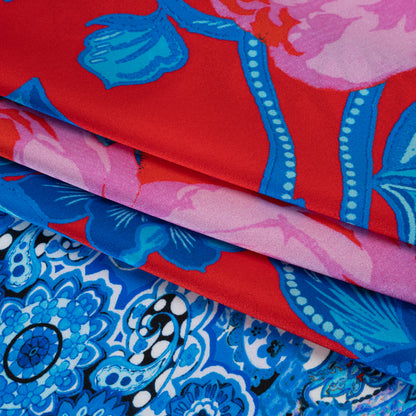 Silk Charmeuse Print 16MM, Made in Italy - Red, Blue and Gold Floral and Abstract Stripes Detail
