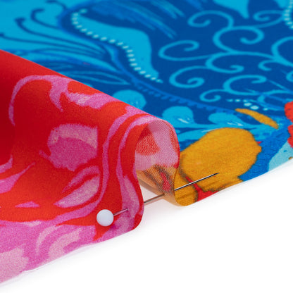 Silk Charmeuse Print 16MM, Made in Italy - Red, Blue and Gold Floral and Abstract Stripes Full