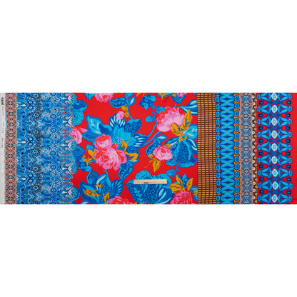 Silk Charmeuse Print 16MM, Made in Italy - Red, Blue and Gold Floral and Abstract Stripes