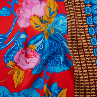 Silk Charmeuse Print 16MM, Made in Italy - Red, Blue and Gold Floral and Abstract Stripes Drape
