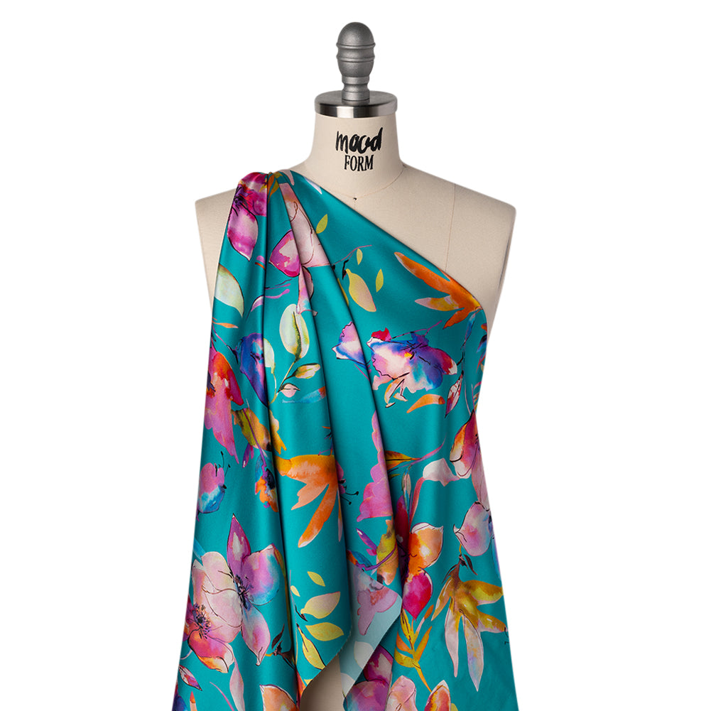 Silk Charmeuse Print 16MM, Made in Italy - Turquoise, Pink and Multicolor Illustrated Watercolor Flowers