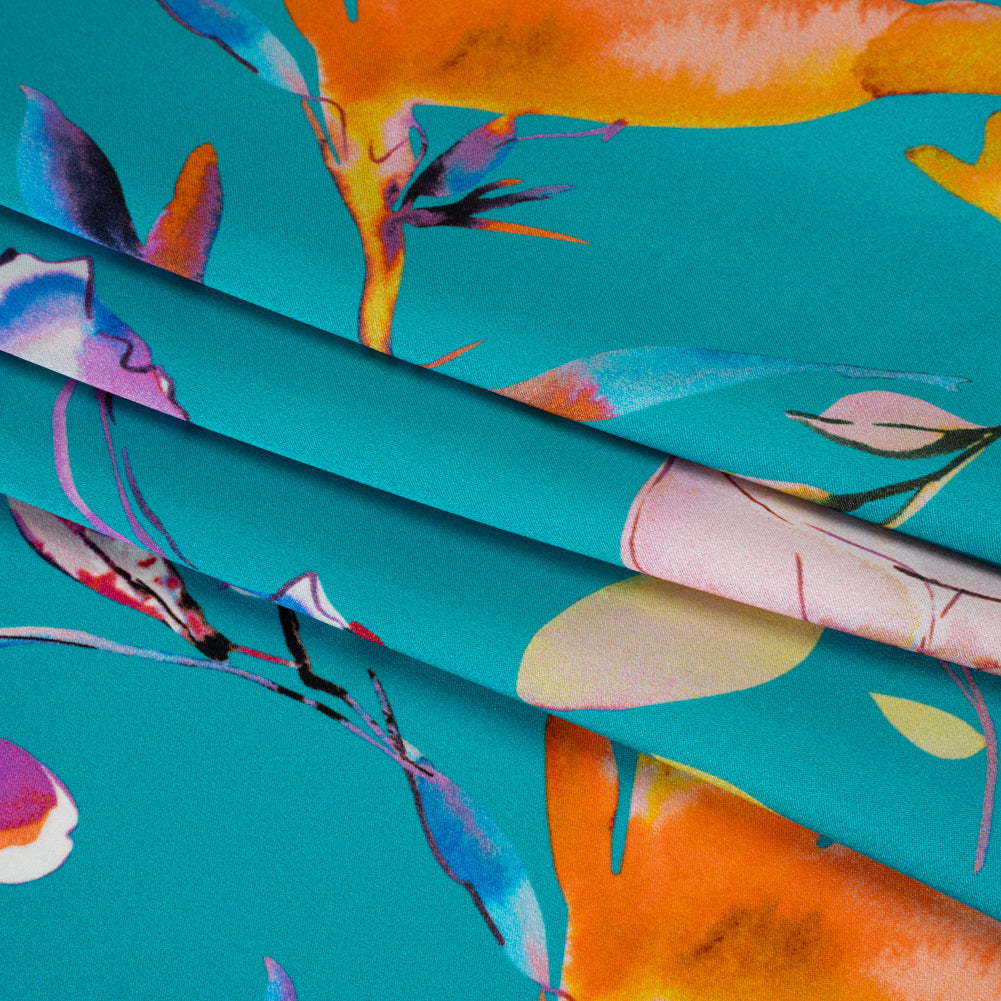 Silk Charmeuse Print 16MM, Made in Italy - Turquoise, Pink and Multicolor Illustrated Watercolor Flowers
