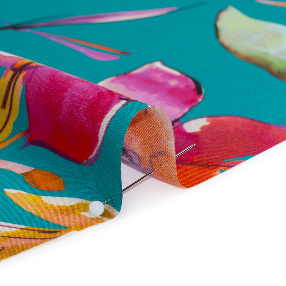 Silk Charmeuse Print 16MM, Made in Italy - Turquoise, Pink and Multicolor Illustrated Watercolor Flowers