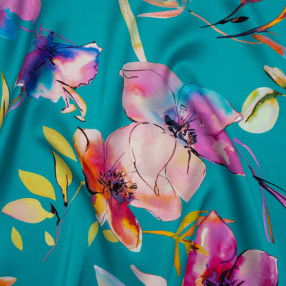 Silk Charmeuse Print 16MM, Made in Italy - Turquoise, Pink and Multicolor Illustrated Watercolor Flowers