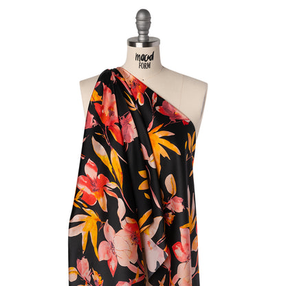 Silk Charmeuse Print 16MM, Made in Italy - Black, Orange and Red Illustrated Watercolor Flowers Folded