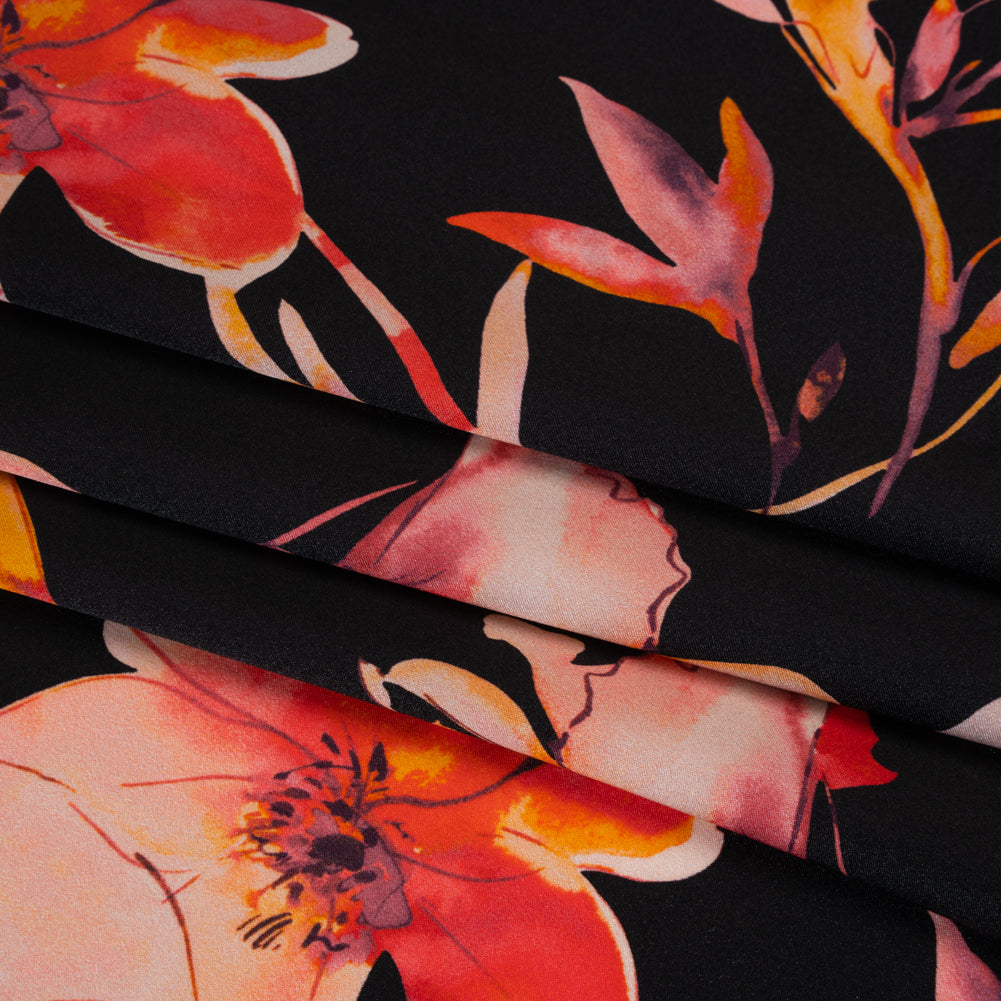 Silk Charmeuse Print 16MM, Made in Italy - Black, Orange and Red Illustrated Watercolor Flowers Detail