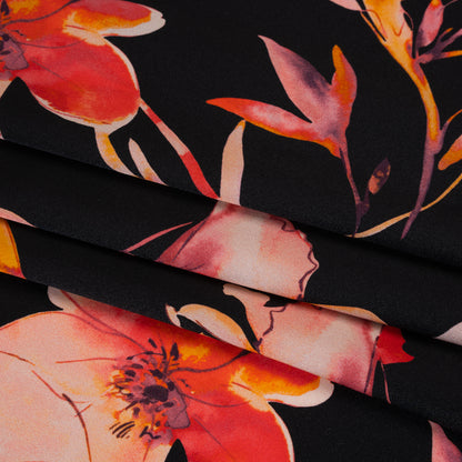 Silk Charmeuse Print 16MM, Made in Italy - Black, Orange and Red Illustrated Watercolor Flowers Detail