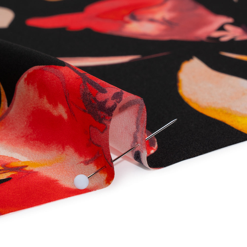 Silk Charmeuse Print 16MM, Made in Italy - Black, Orange and Red Illustrated Watercolor Flowers Full