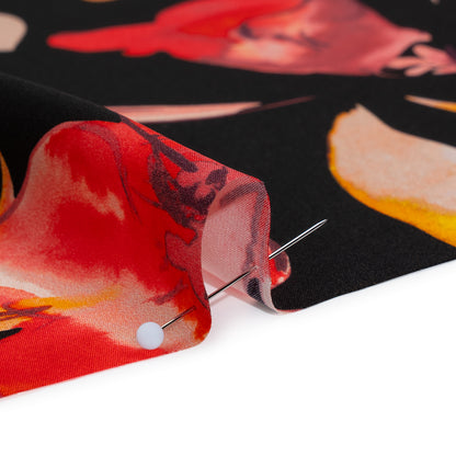 Silk Charmeuse Print 16MM, Made in Italy - Black, Orange and Red Illustrated Watercolor Flowers Full