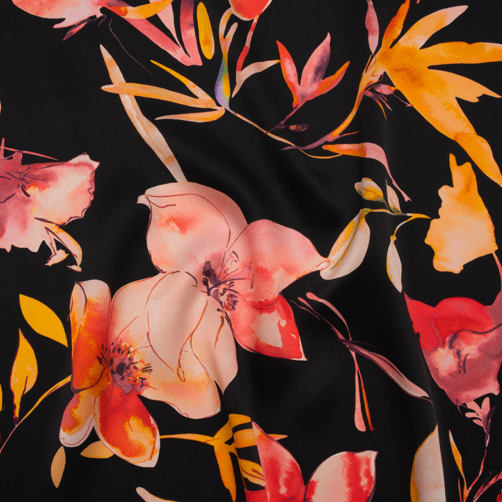 Silk Charmeuse Print 16MM, Made in Italy - Black, Orange and Red Illustrated Watercolor Flowers Drape