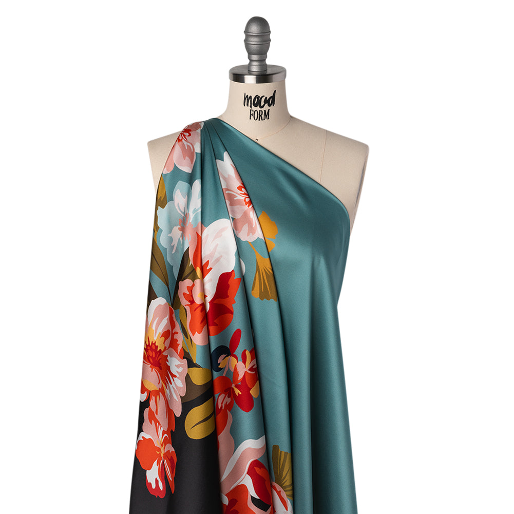 Silk Charmeuse Print 16MM, Made in Italy - Muted Blue, Red and Black Big Floral Border Folded