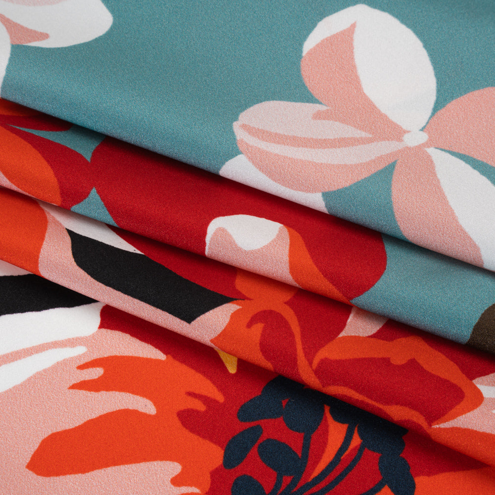 Silk Charmeuse Print 16MM, Made in Italy - Muted Blue, Red and Black Big Floral Border Detail