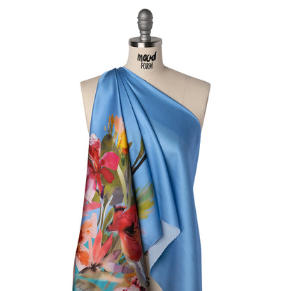 Silk Charmeuse Print 16MM, Made in Italy - Blue, Teal and Multicolor Watercolor Floral Border