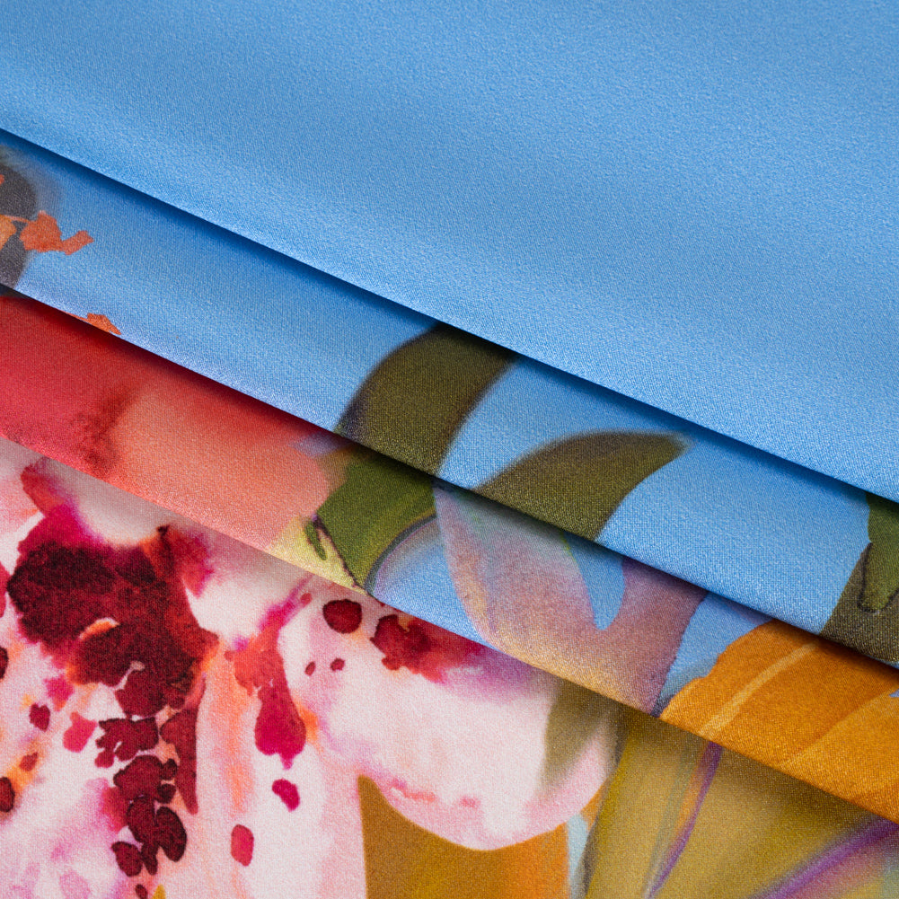 Silk Charmeuse Print 16MM, Made in Italy - Blue, Teal and Multicolor Watercolor Floral Border - Detail