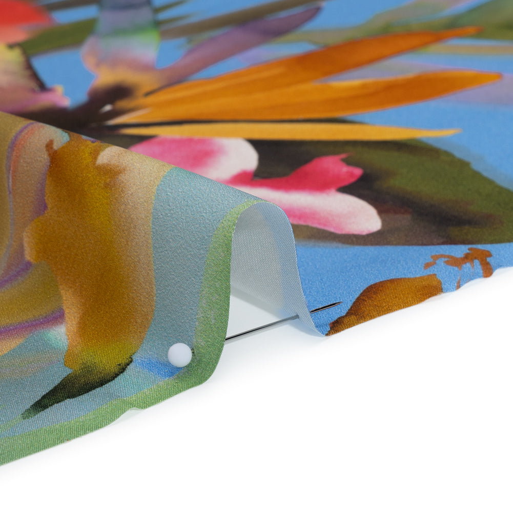Silk Charmeuse Print 16MM, Made in Italy - Blue, Teal and Multicolor Watercolor Floral Border - Full - Image 4 of 6