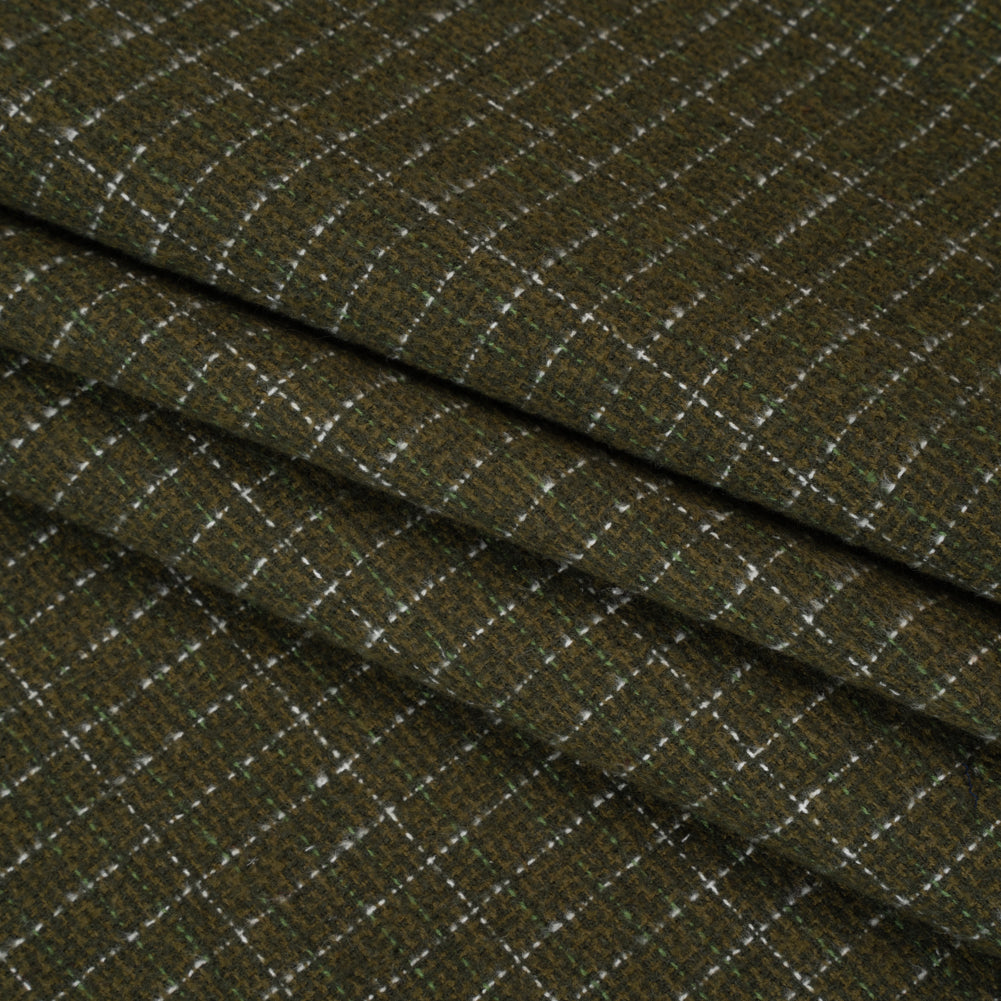 Yarn-Dyed Cotton Flannel - Olive Green and White Rectangle Checks - Deadstock