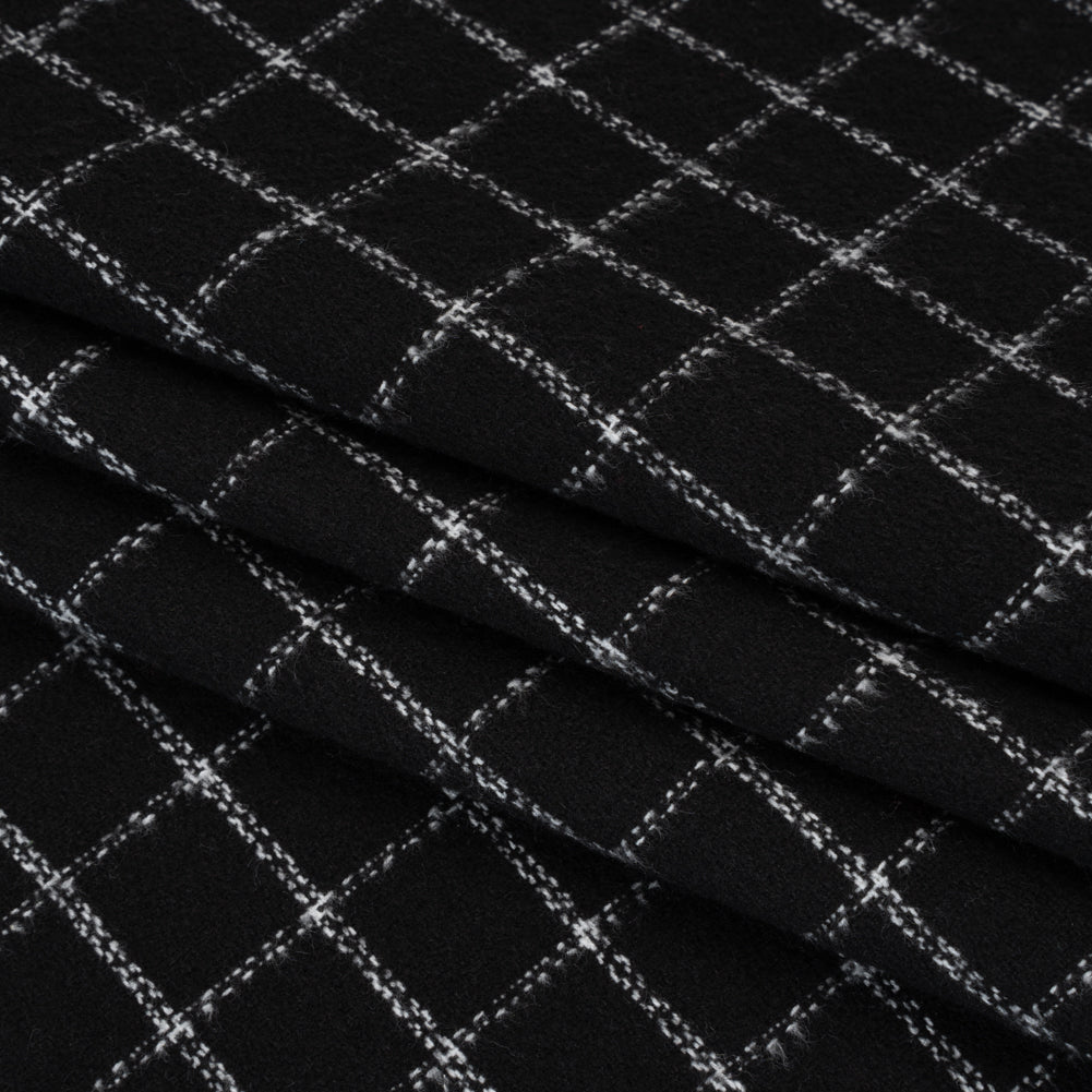Yarn-Dyed Cotton Flannel - White on Black Windowpane Checks - Deadstock Folded