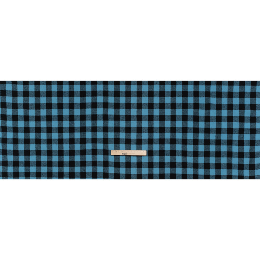 Yarn-Dyed Cotton Twill Flannel - Small Sky Blue and Black Buffalo Check - Deadstock