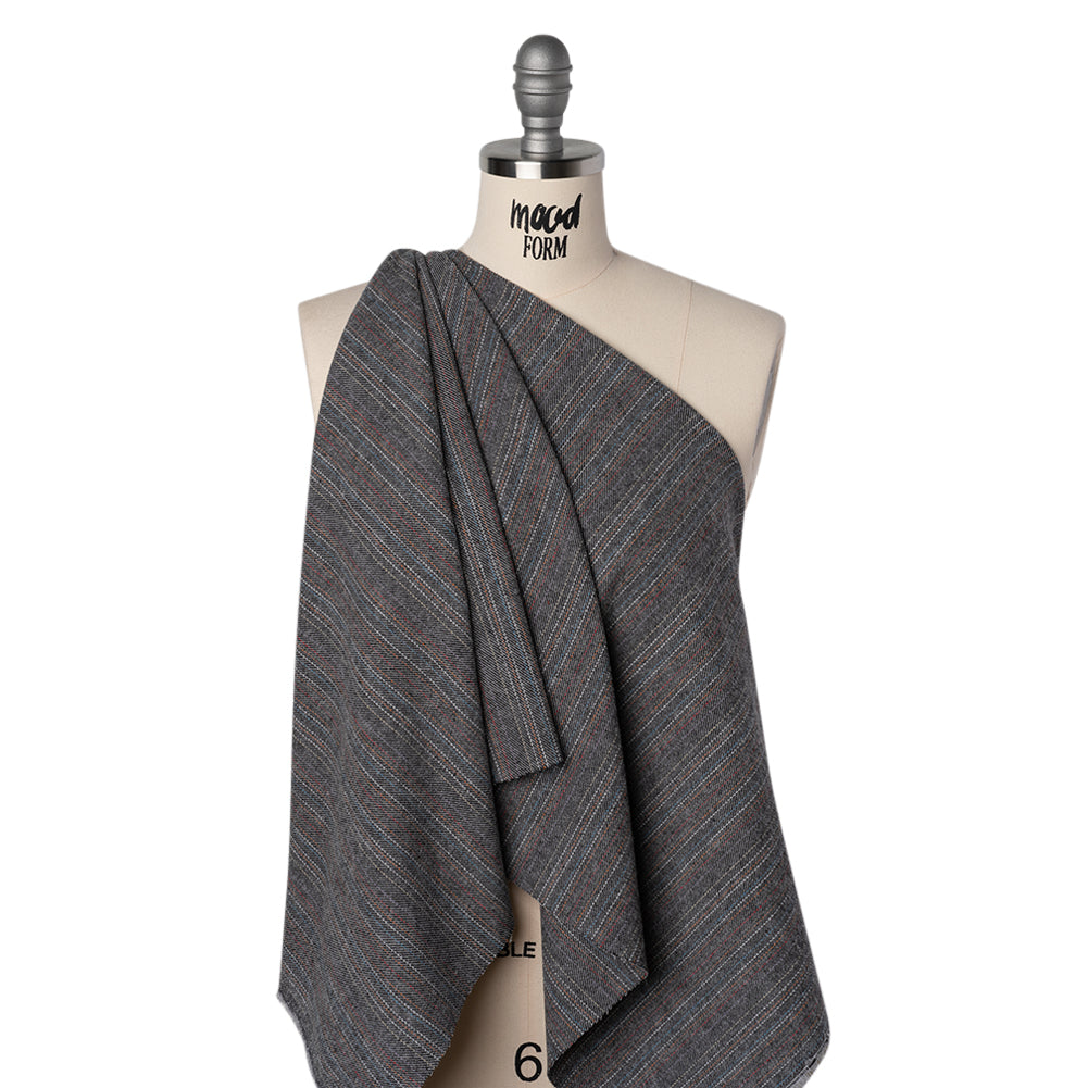 Yarn-Dyed Cotton Twill Flannel - Gray, Sky Blue and Red Pinstripes - Deadstock