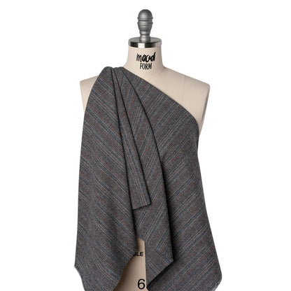 Yarn-Dyed Cotton Twill Flannel - Gray, Sky Blue and Red Pinstripes - Deadstock