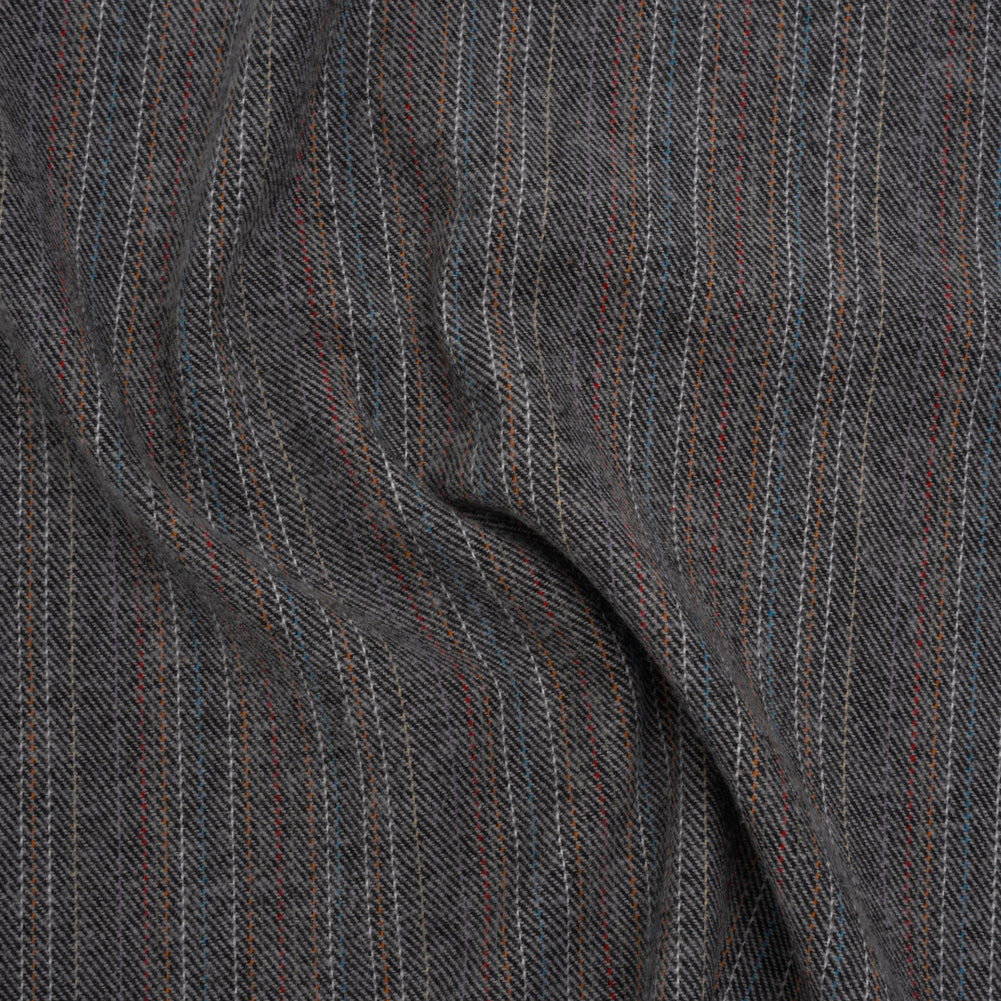 Yarn-Dyed Cotton Twill Flannel - Gray, Sky Blue and Red Pinstripes - Deadstock