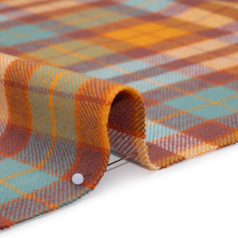 Yarn-Dyed Cotton Twill Flannel - Creamsicle Orange, Sky Blue and Dusty Red Plaid - Deadstock