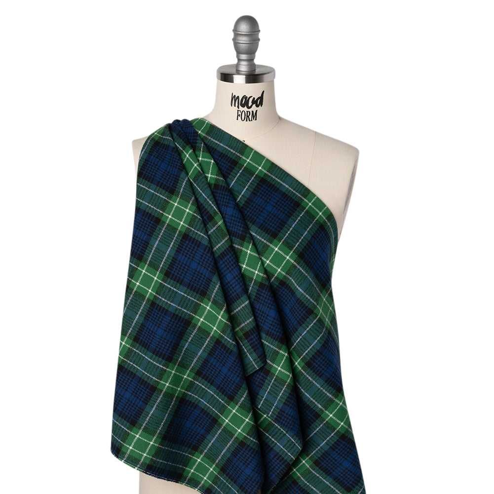 Yarn-Dyed Cotton Twill Flannel - Blue, Green and Black Plaid - Deadstock Drape