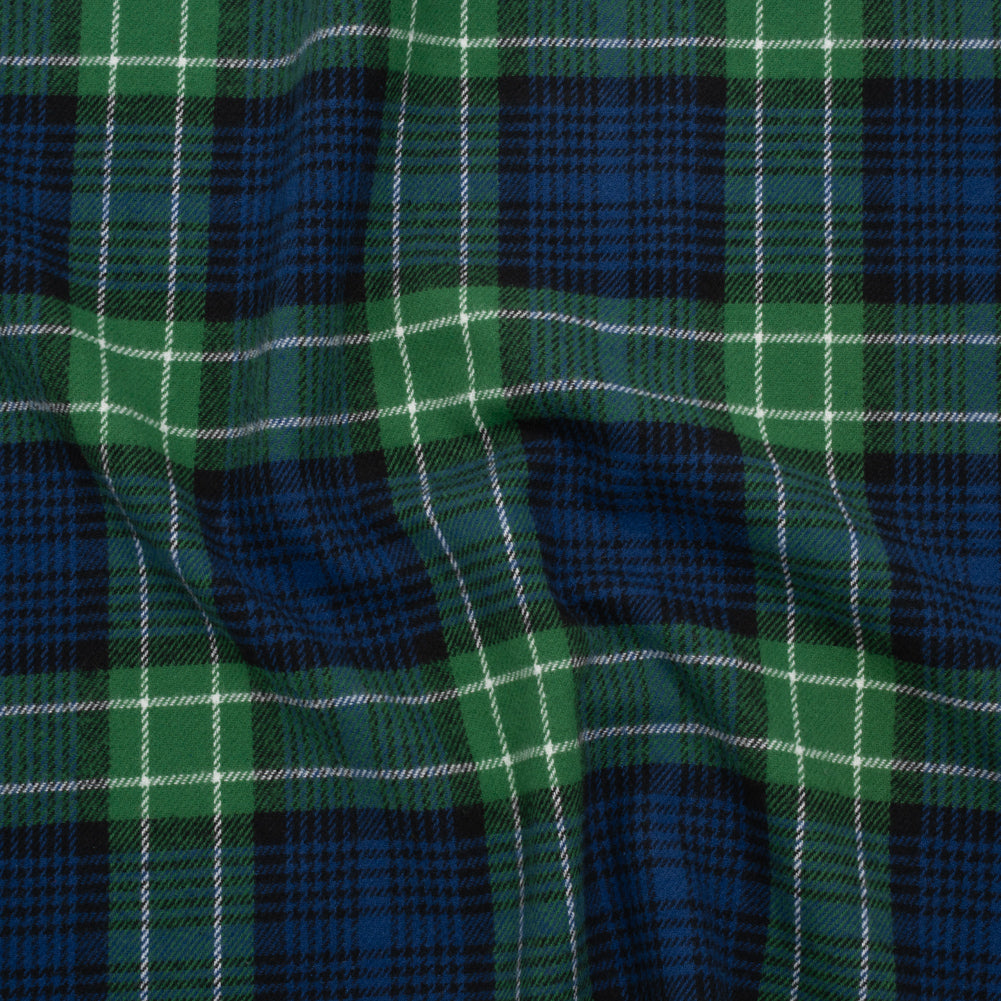 Yarn-Dyed Cotton Twill Flannel - Blue, Green and Black Plaid - Deadstock