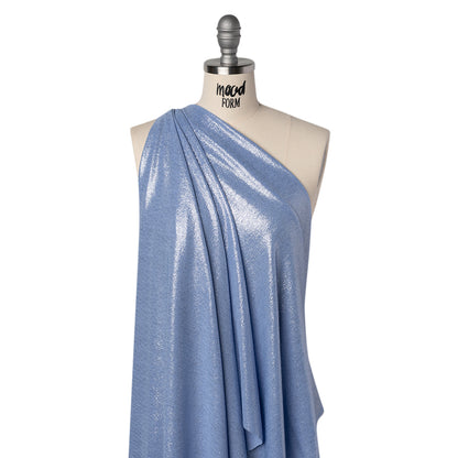 Metallic Foiled Uneven Stretch Rib Knit - Silver on Sky Blue - Estelle Collection Drape