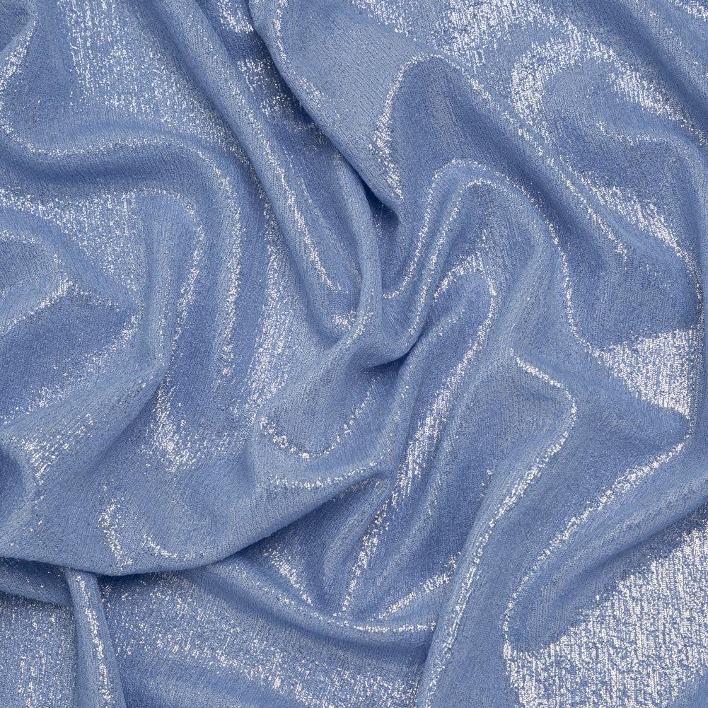 Metallic Foiled Uneven Stretch Rib Knit - Silver on Sky Blue - Estelle Collection