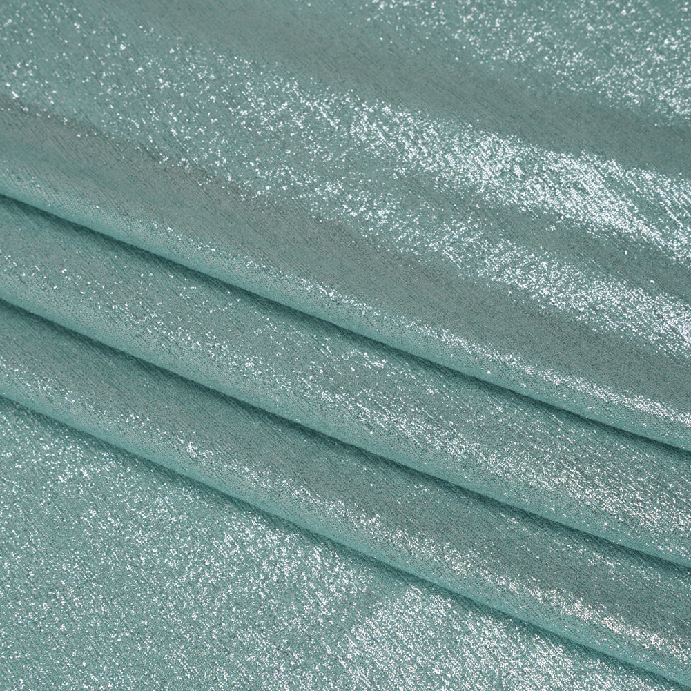Metallic Foiled Uneven Stretch Rib Knit - Silver on Mint - Estelle Collection Folded