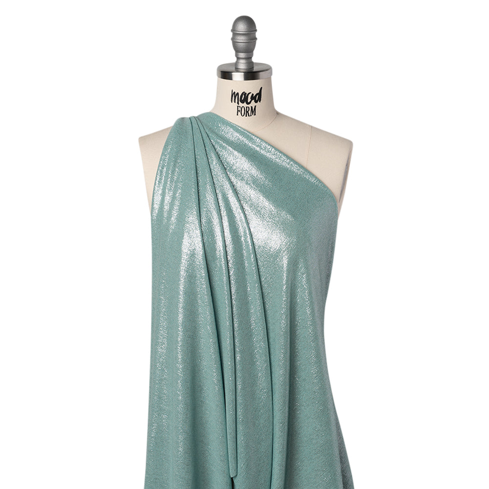 Metallic Foiled Uneven Stretch Rib Knit - Silver on Mint - Estelle Collection Drape