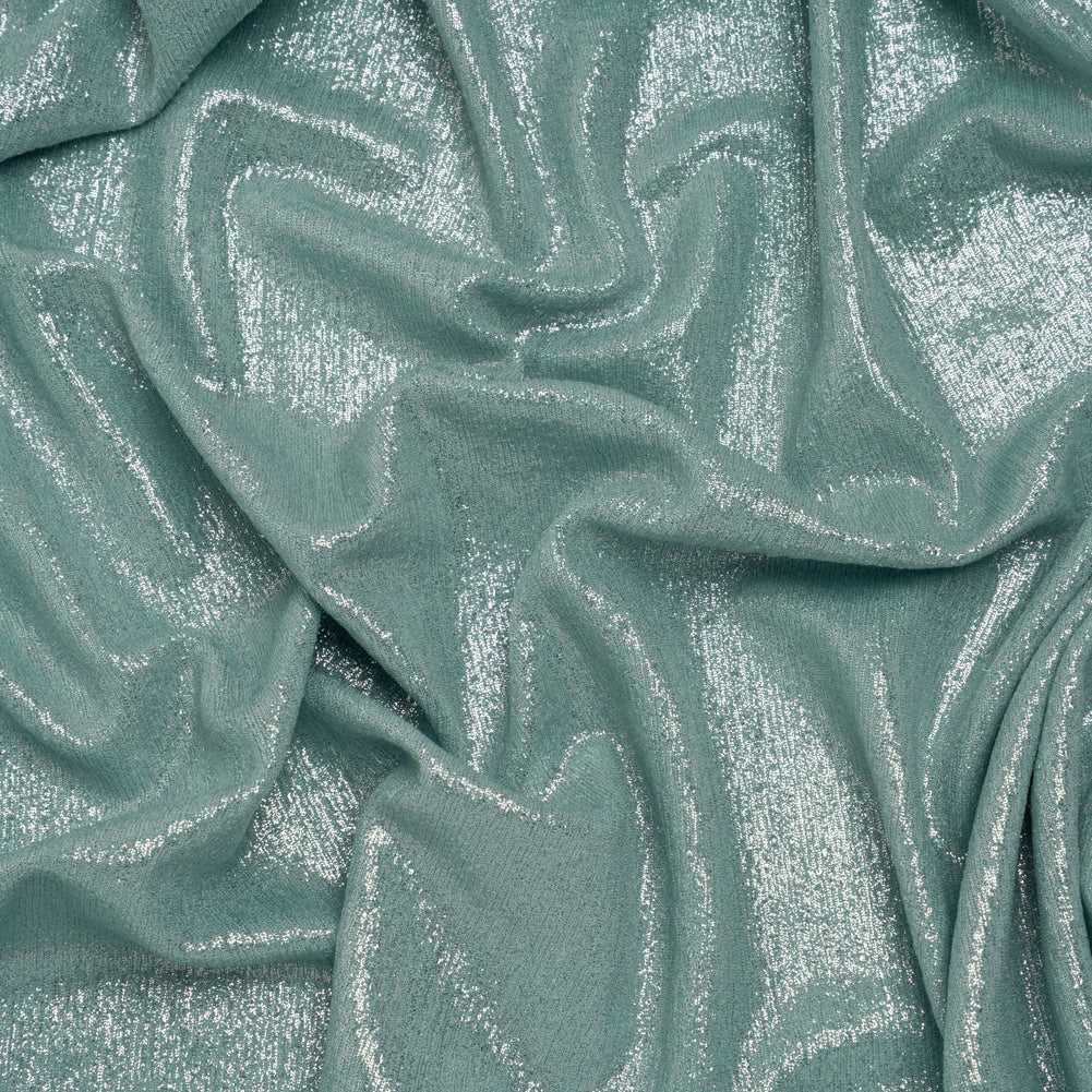 Metallic Foiled Uneven Stretch Rib Knit - Silver on Mint - Estelle Collection