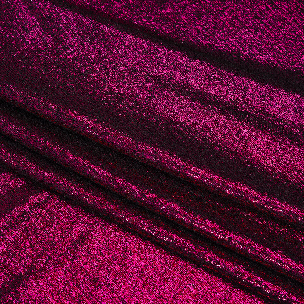 Metallic Foiled Uneven Stretch Rib Knit - Fuchsia on Black - Estelle Collection Folded