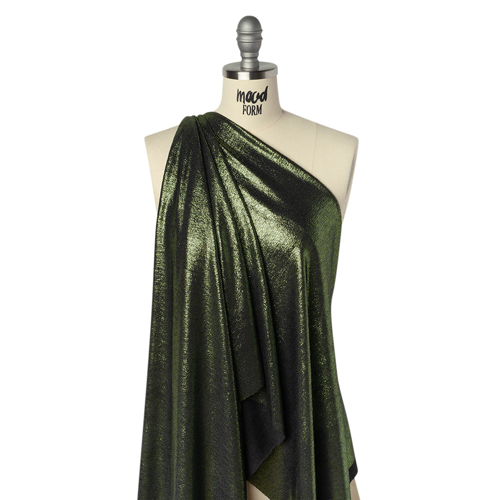 Metallic Foiled Uneven Stretch Rib Knit - Green on Black - Estelle Collection - Drape