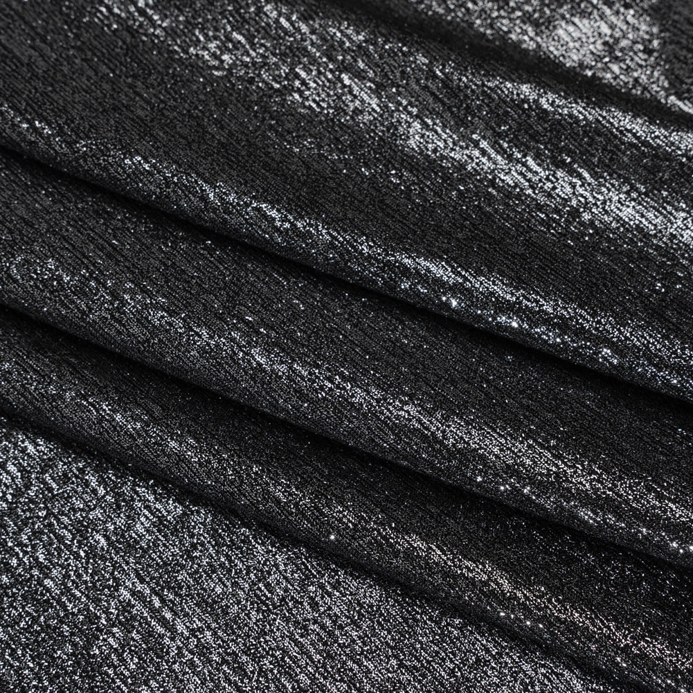 Metallic Foiled Uneven Stretch Rib Knit - Silver on Black - Estelle Collection Folded