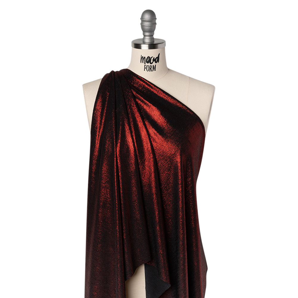 Metallic Foiled Uneven Stretch Rib Knit - Red on Black - Estelle Collection