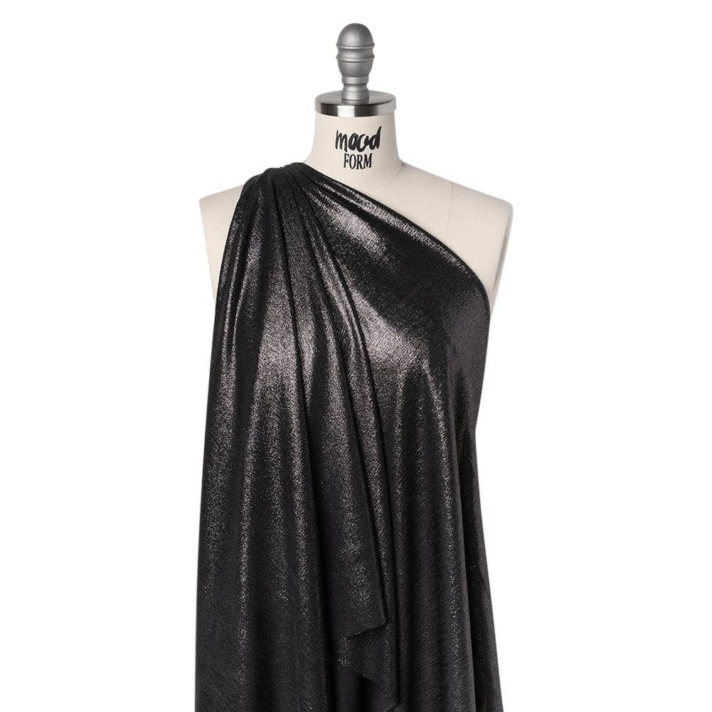 Metallic Foiled Uneven Stretch Rib Knit - Charcoal on Black - Estelle Collection - Drape