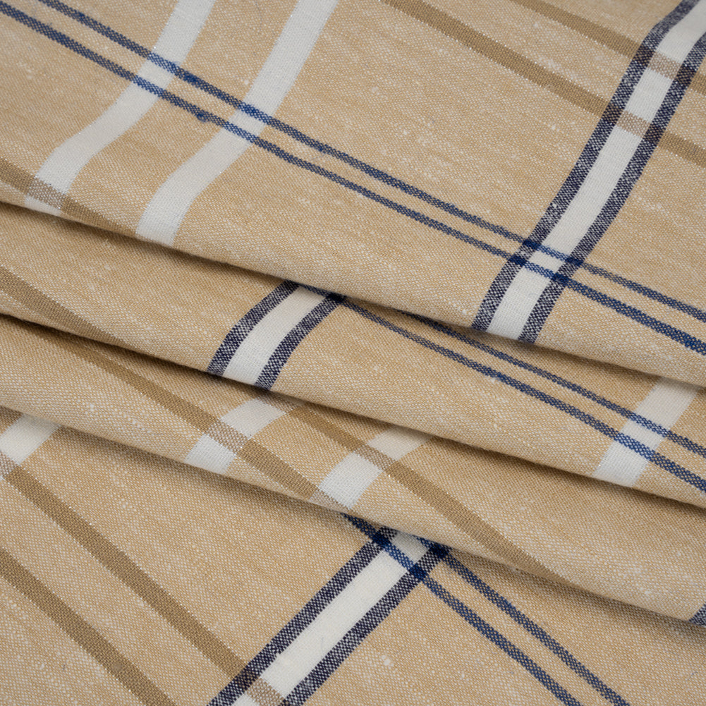 Stretch Linen Woven - Beige, Navy and White Plaid with Metallic Silver Accents